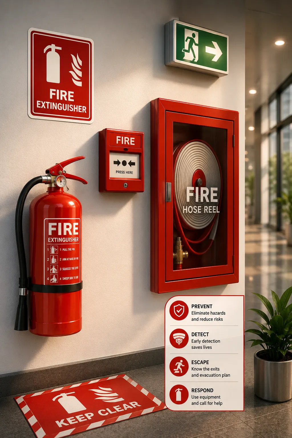 Fire safety equipment in modern hallway

