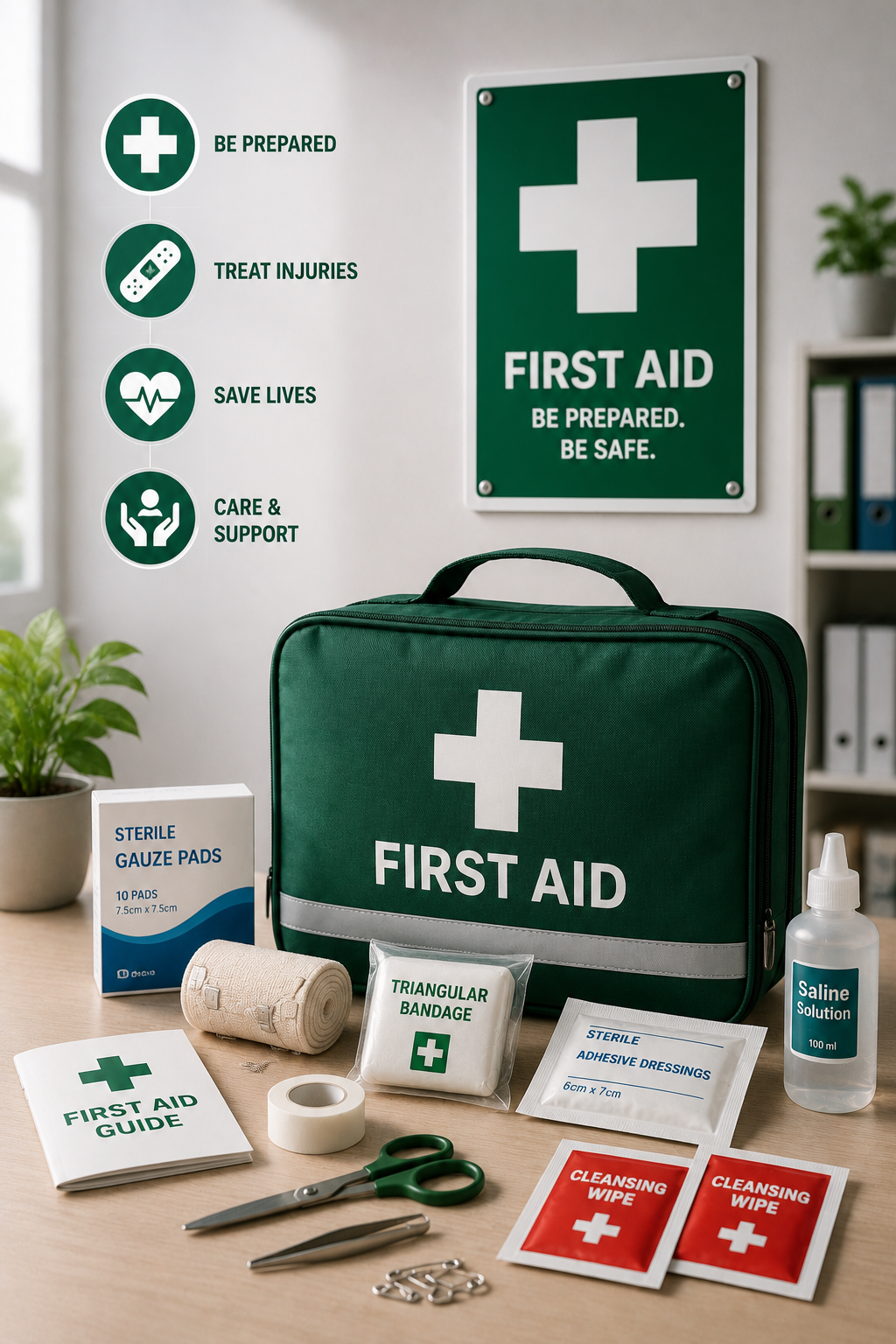 First aid preparedness essentials in clean space

