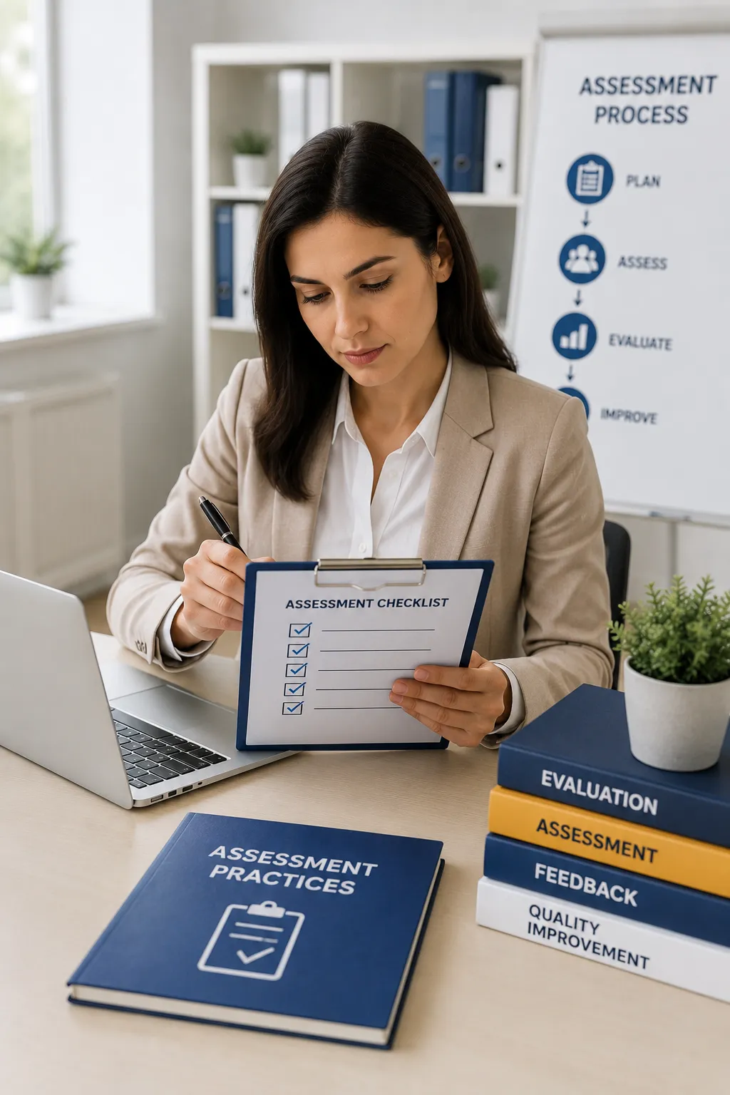 Focused professional at assessment desk

