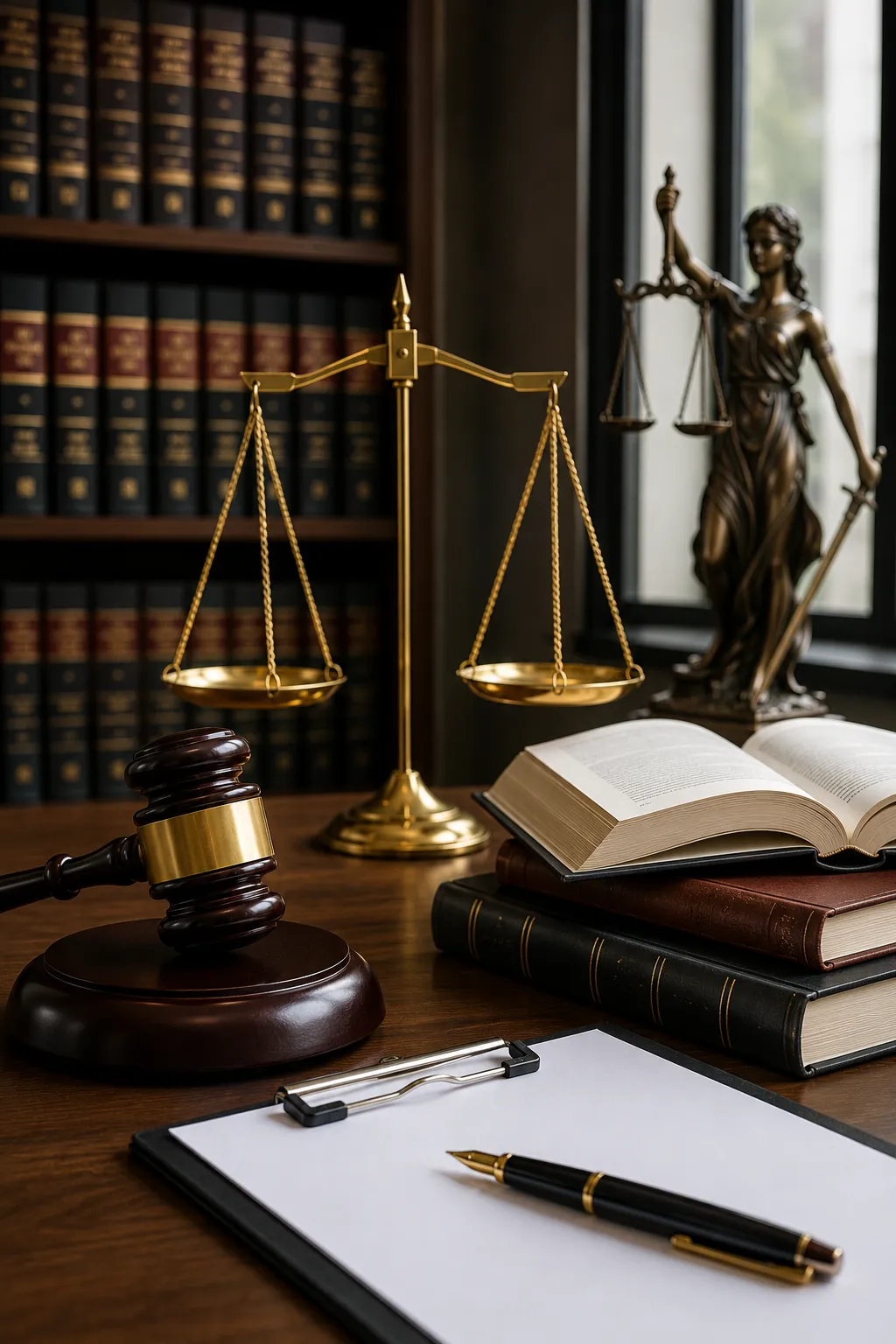 Legal workspace with gavel and scales

