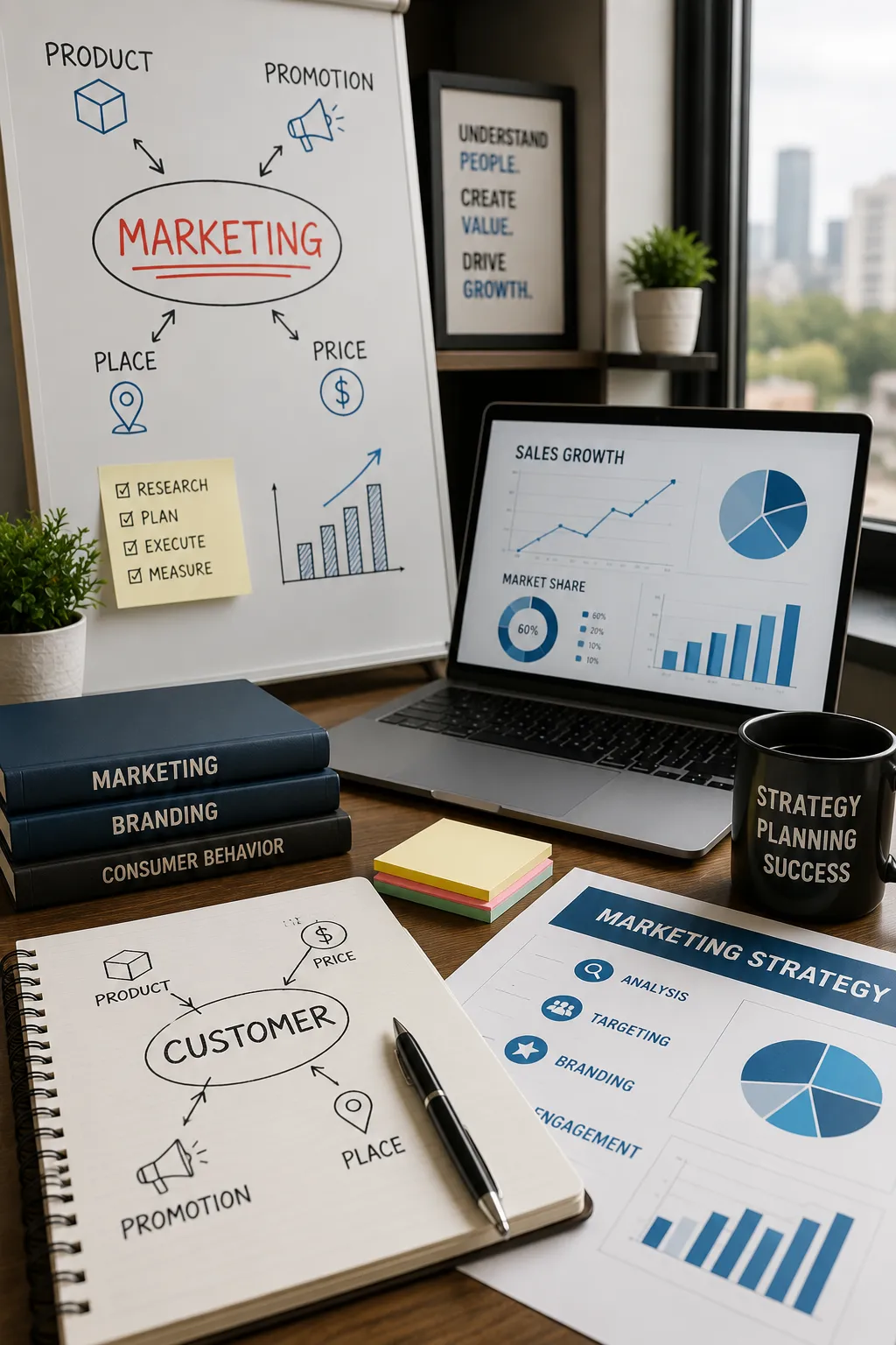 Marketing strategy workspace with analytics

