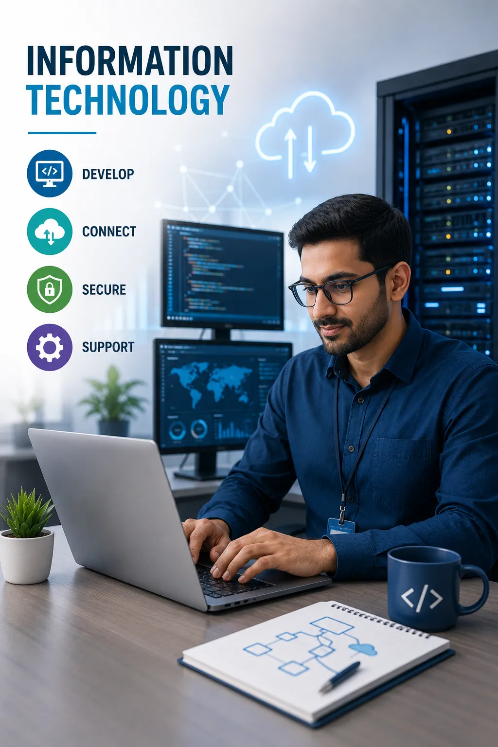 Modern IT workspace with tech icons

