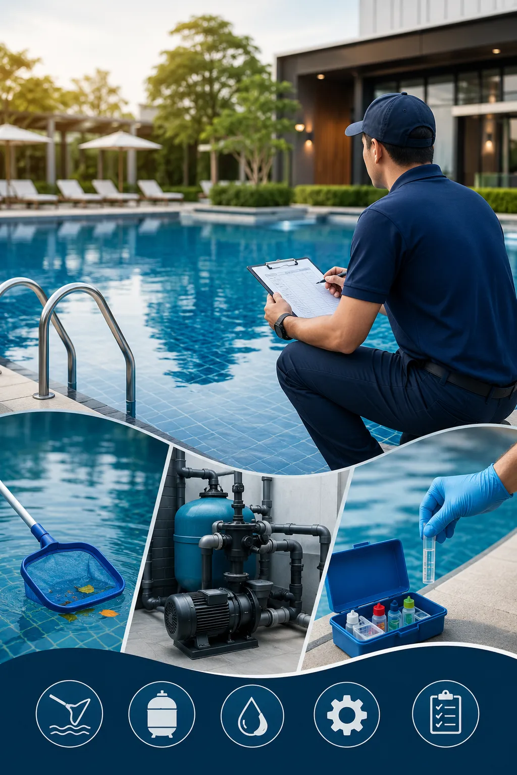 Professional pool maintenance in action

