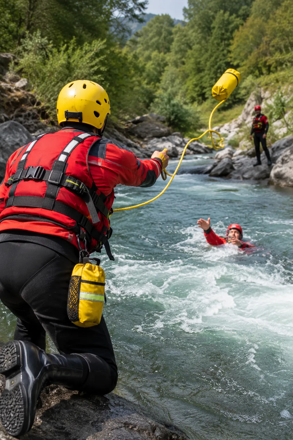 River rescue in action near rocks

